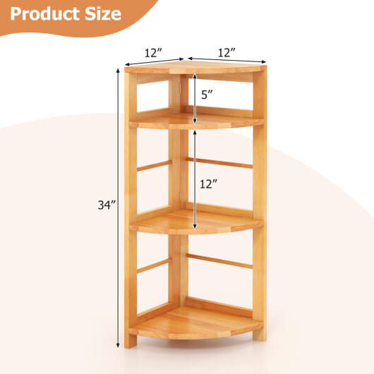 4-Tier Corner Shelf with Rubber Wood Frame and Anti-Toppling Kit - Color: Natural