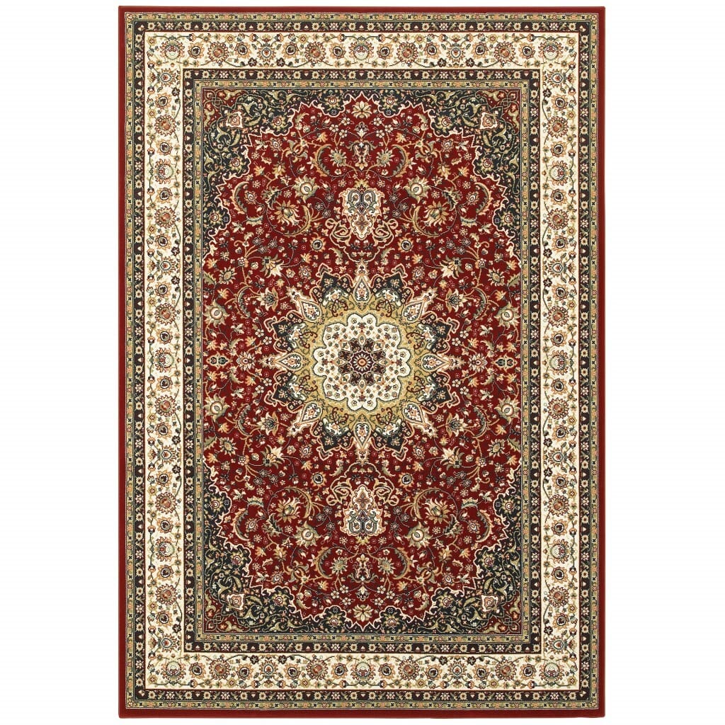5' X 8' Red Ivory Machine Woven Oriental Indoor Area Rug