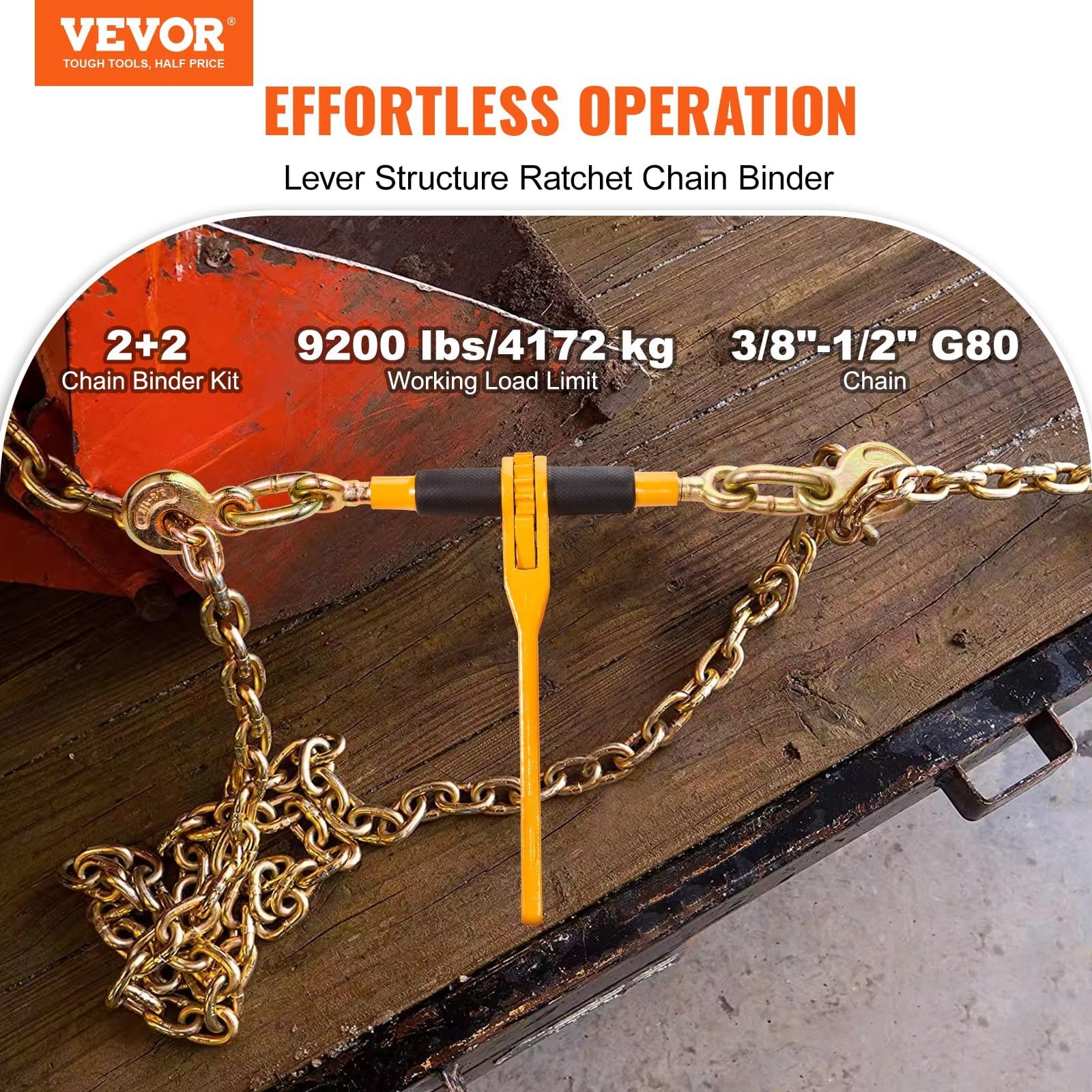 Chain and Binder Kit, 3/8"-1/2" Ratchet Load Binders 9200 lbs Working Load Limit, 3/8" x 10' G80 Chains with Grab Hooks, Ratchet Binders and Chains for Truck, Tie Down, Hauling, Towing, 2 Set