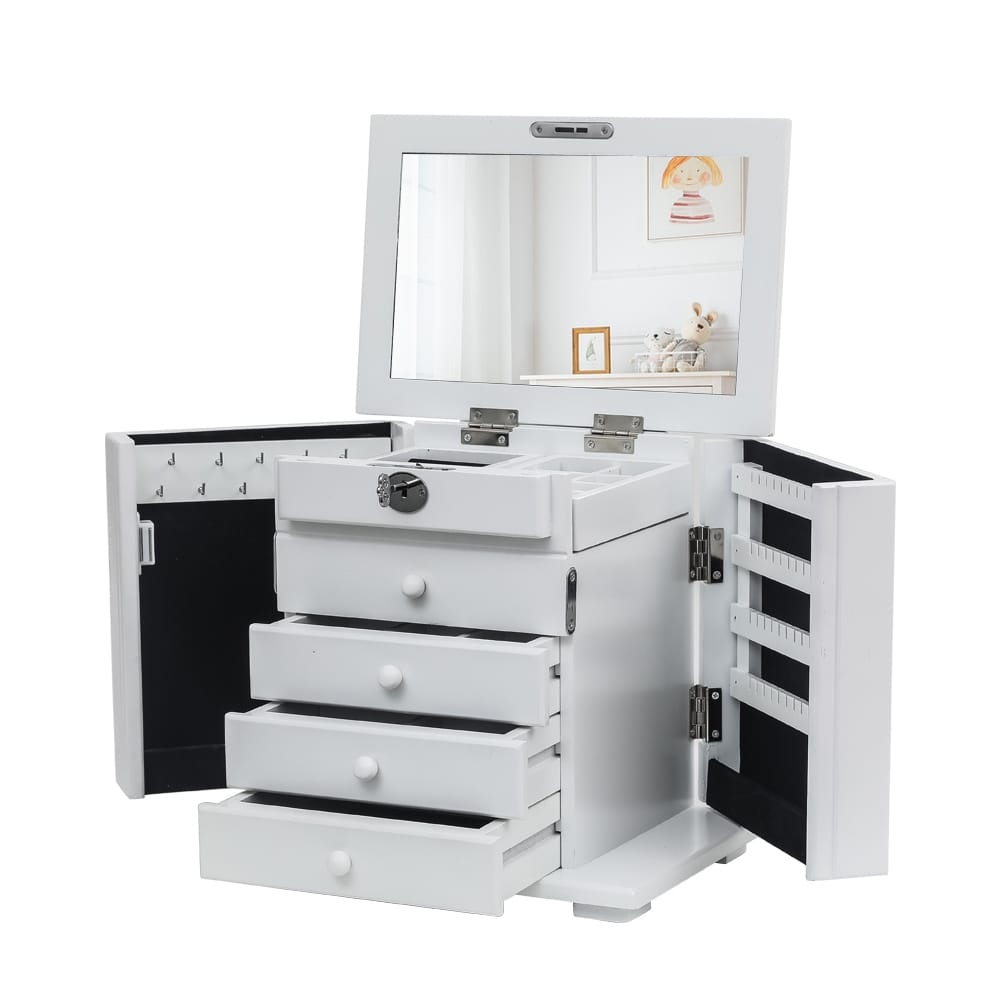 Handcrafted Wooden Jewelry Box Organizer Wood 5 Layers Case with 4 Drawers-White