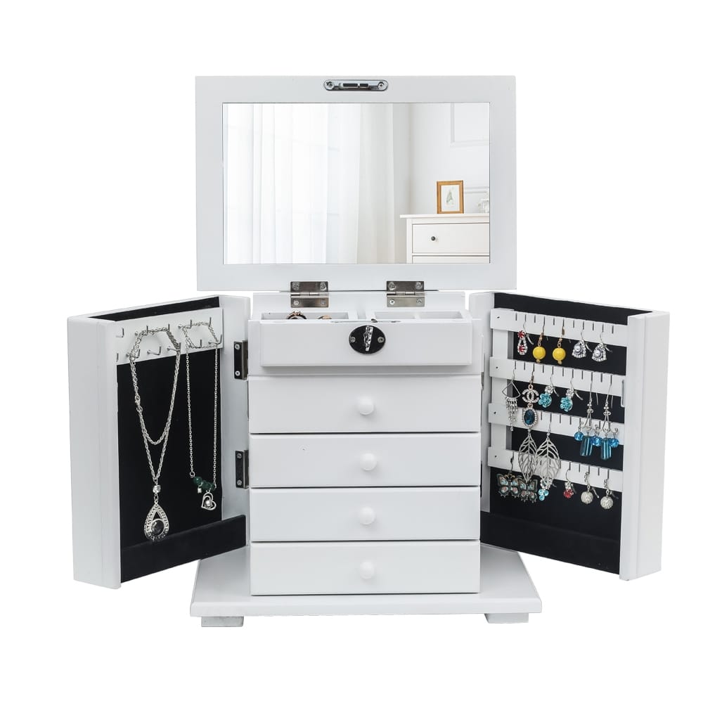 Handcrafted Wooden Jewelry Box Organizer Wood 5 Layers Case with 4 Drawers-White