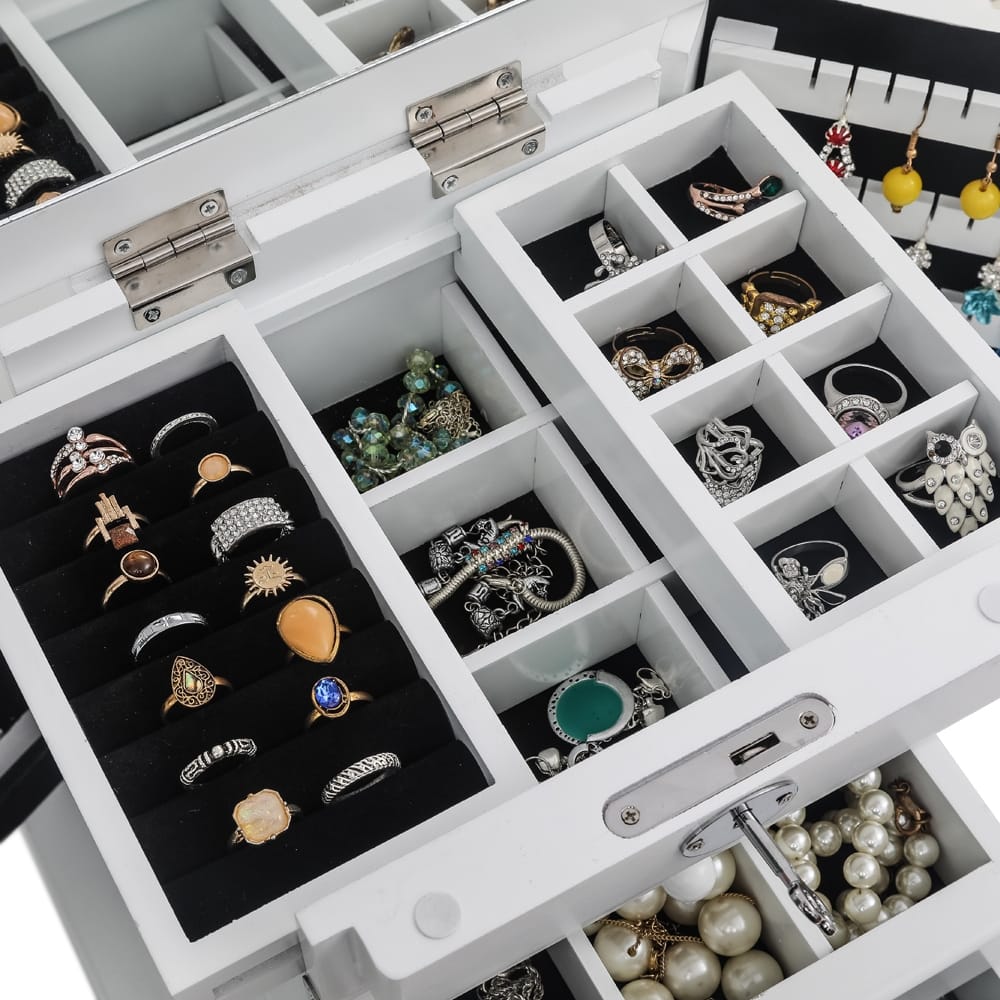 Handcrafted Wooden Jewelry Box Organizer Wood  5 Layers Case with 4 Drawers-White