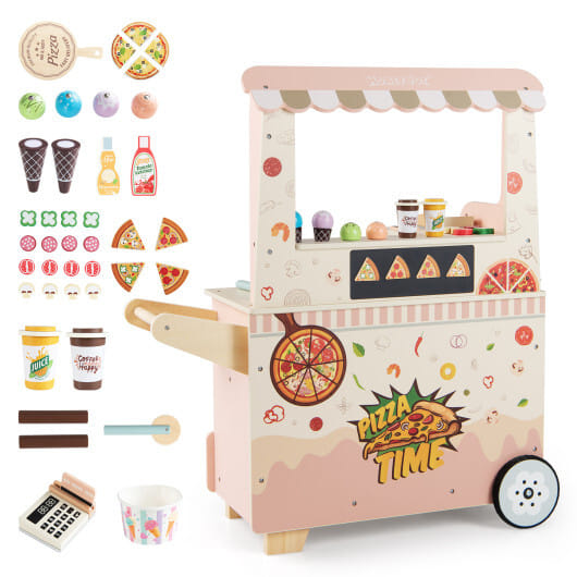 Kids Pizza Food Truck Wooden Pretend Play Snack Cart with Oven-Pink - Color: Pink