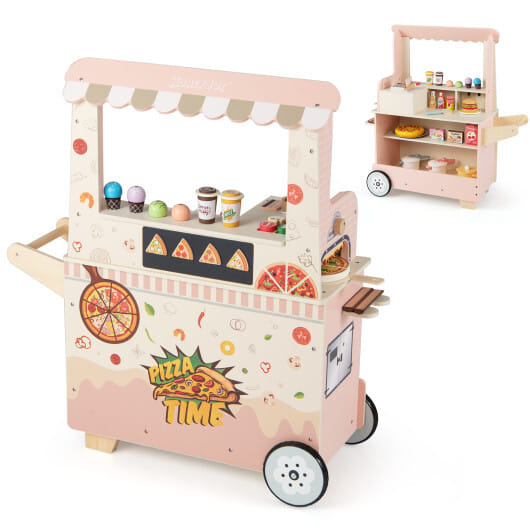 Kids Pizza Food Truck Wooden Pretend Play Snack Cart with Oven-Pink - Color: Pink