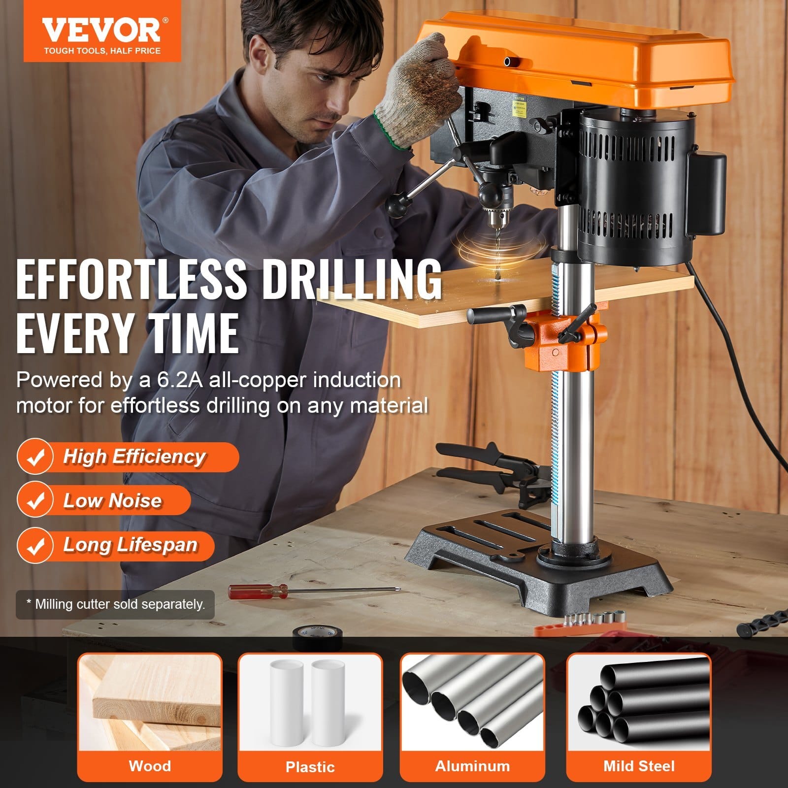 10 in Benchtop Drill Press, 6.2A Induction Motor, Tabletop Drilling Machine with 650 / 1050 / 1800 / 2350 / 3100 RPM Adjustable Speed, 0-45?° Tilting Worktable, LED Work Light, for Wood Metal