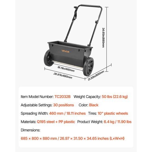 Walk-Behind Push Spreader, 50LBS Capacity, Drop Spreader with Hopper Grate, 18 in Spreading Width & 30 Settings, 10 in All Terrain Tires, Garden & Lawn Spreaders for Seed, Fertilizer, Salt