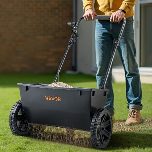 Walk-Behind Push Spreader, 50LBS Capacity, Drop Spreader with Hopper Grate, 18 in Spreading Width & 30 Settings, 10 in All Terrain Tires, Garden & Lawn Spreaders for Seed, Fertilizer, Salt