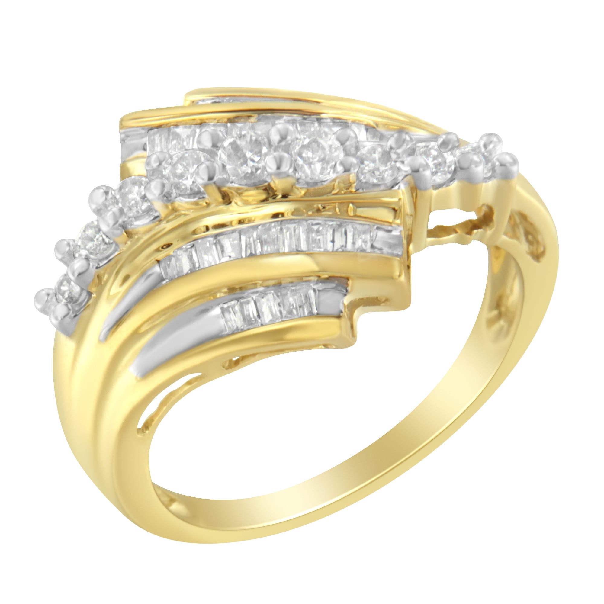 10K Yellow Gold Round and Baguette Diamond-Cut Ring (1/2 Cttw, I-J Color, I1-I2 Clarity) - Size 7