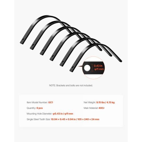 Rock Rake Tines, 6 Pack 1" x 5/16" Bolt-Mount Landscape Rake Tines Replacement, One Bolt Hole, High-strength & Heat-treated Steel Gravel Rakes Tine Replacement Parts