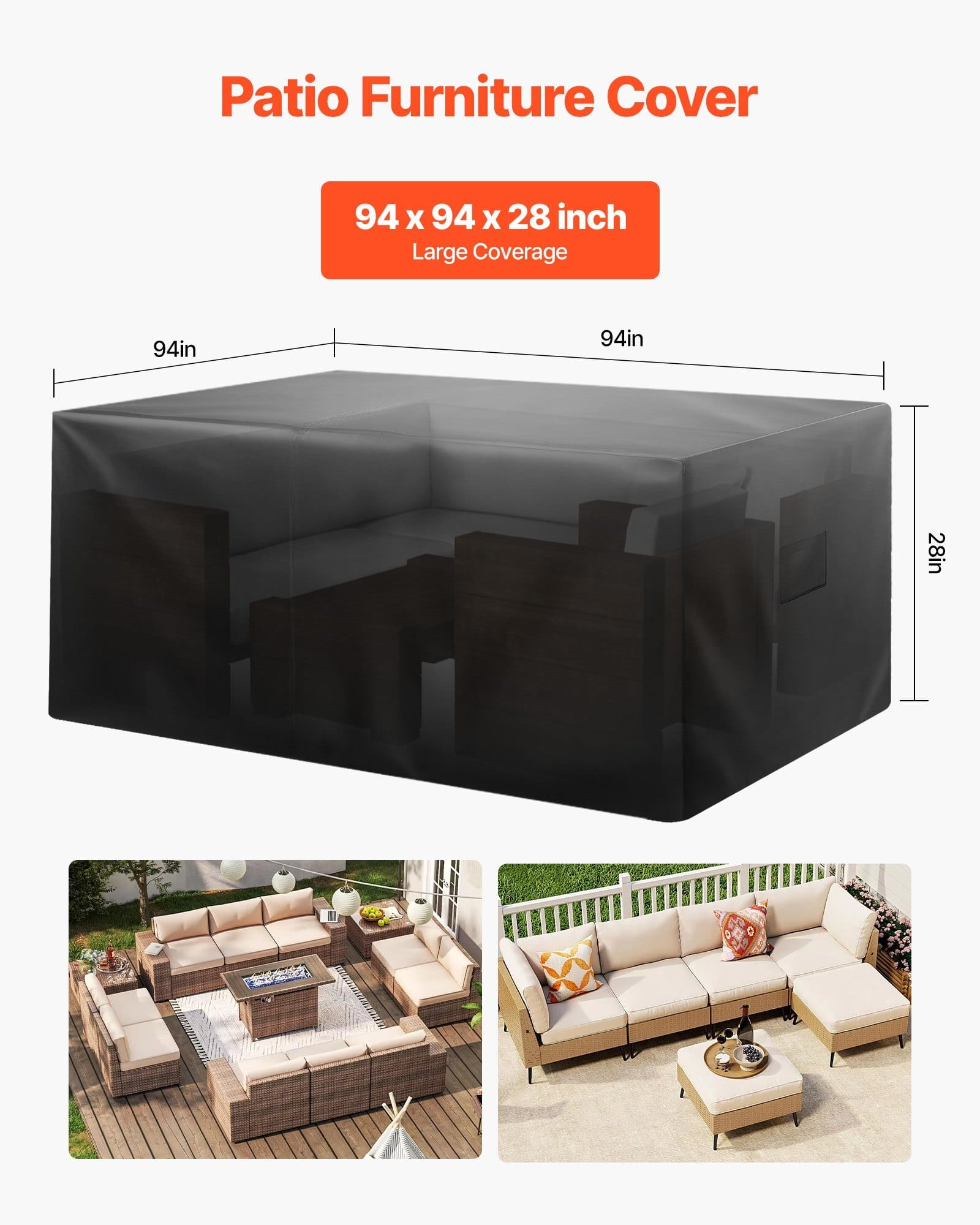 Patio Furniture Cover, 420D Heavy Duty Waterproof Outdoor Dining Table and Chairs Cover, Large Squre Patio Table Covers with Air Vent for All Weather, 94L x 94W x 28H inch, Black
