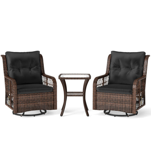 3 Pieces Patio Furniture Set PE Wicker Swivel Glider Chairs with 2-Tier Side Table and Cushions-Black - Color: Black