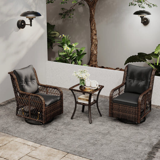 3 Pieces Patio Furniture Set PE Wicker Swivel Glider Chairs with 2-Tier Side Table and Cushions-Black - Color: Black