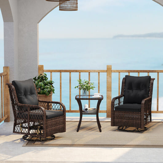 3 Pieces Patio Furniture Set PE Wicker Swivel Glider Chairs with 2-Tier Side Table and Cushions-Black - Color: Black