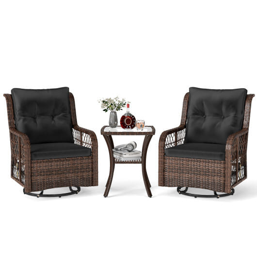3 Pieces Patio Furniture Set PE Wicker Swivel Glider Chairs with 2-Tier Side Table and Cushions-Black - Color: Black