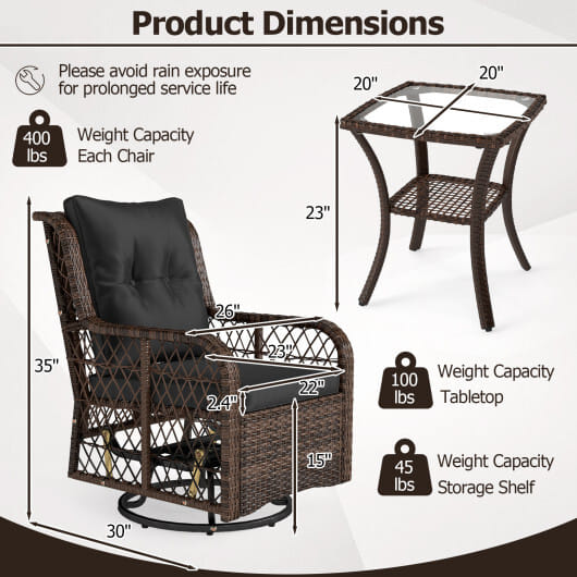 3 Pieces Patio Furniture Set PE Wicker Swivel Glider Chairs with 2-Tier Side Table and Cushions-Black - Color: Black