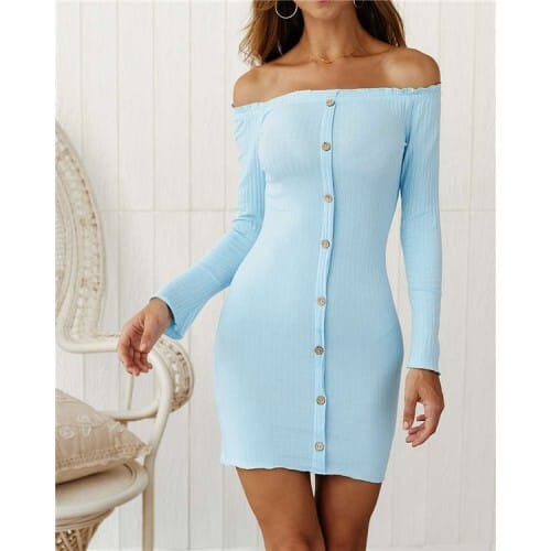 Off-shoulder High Fashion One-piece Slim Style Short Women Dress - Sky Blue