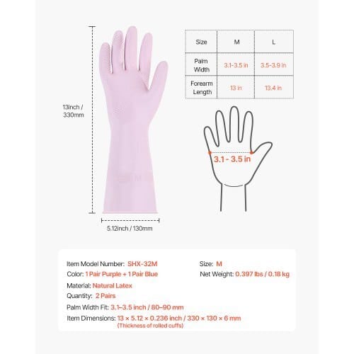Reusable Dishwashing Gloves, 2 Pairs Colorful Reusable Household Kitchen Cleaning Gloves for Washing Dishes and Cleaning Tasks, Flexible Long-lasting and Non-Slip, Medium, Pink + Purple