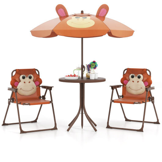 4 Pieces Kids Picnic Set with 2 Folding Chairs and Height Adjustable Umbrella-Brown - Color: Brown