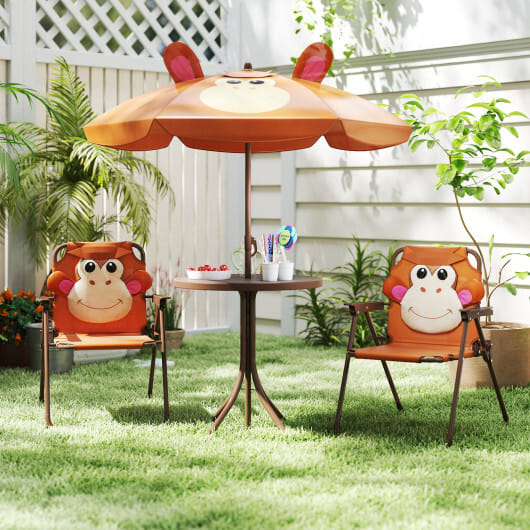 4 Pieces Kids Picnic Set with 2 Folding Chairs and Height Adjustable Umbrella-Brown - Color: Brown