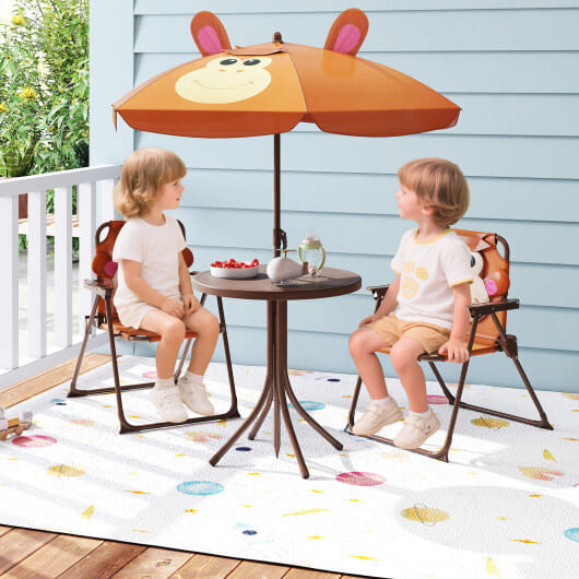 4 Pieces Kids Picnic Set with 2 Folding Chairs and Height Adjustable Umbrella-Brown - Color: Brown