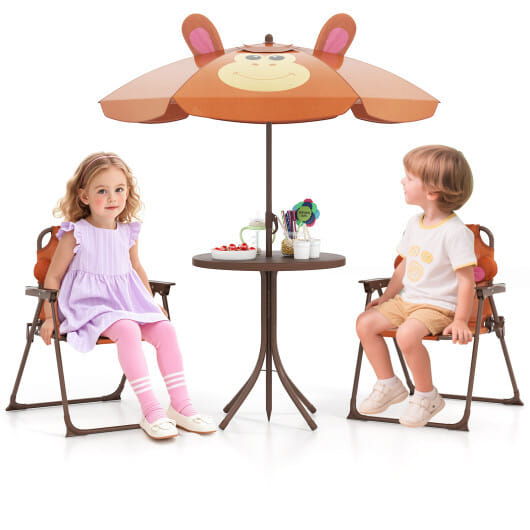 4 Pieces Kids Picnic Set with 2 Folding Chairs and Height Adjustable Umbrella-Brown - Color: Brown