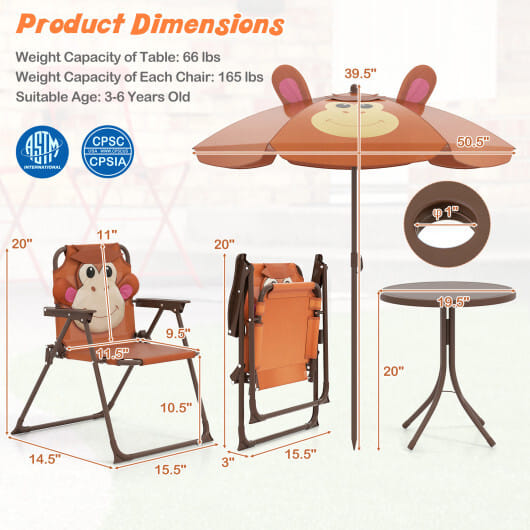 4 Pieces Kids Picnic Set with 2 Folding Chairs and Height Adjustable Umbrella-Brown - Color: Brown