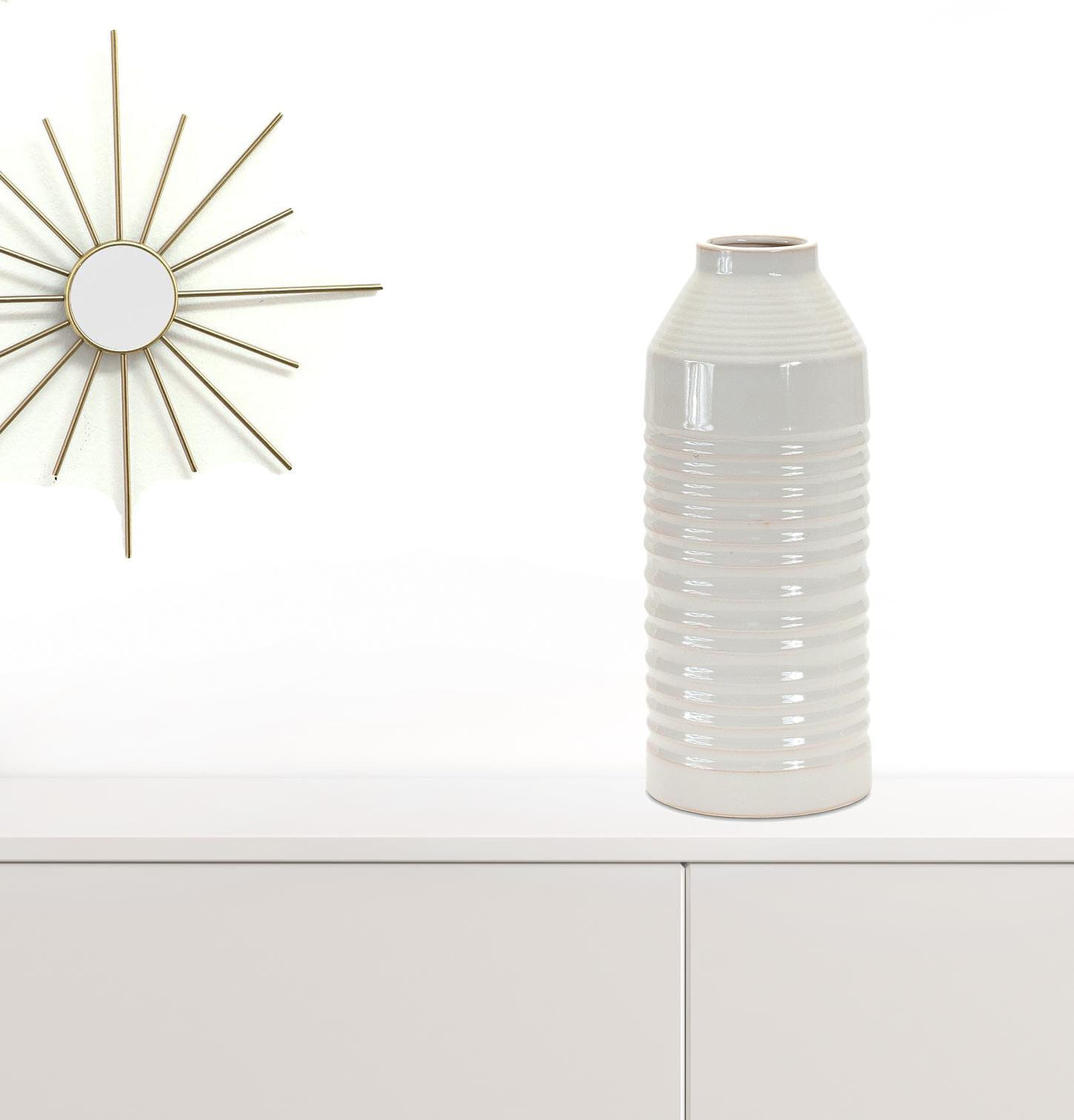 15" White Ribbed Cylinder Terracotta Table Vase