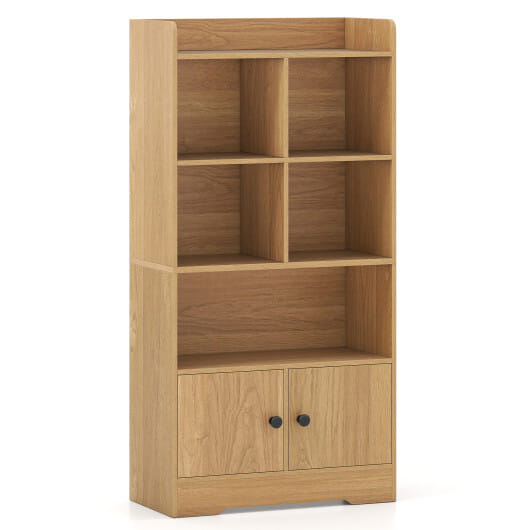 4 Tiers Bookshelf with 4 Cubes Display Shelf and 2 Doors-Natural - Color: Natural