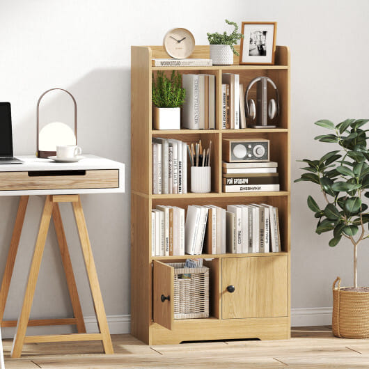 4 Tiers Bookshelf with 4 Cubes Display Shelf and 2 Doors-Natural - Color: Natural