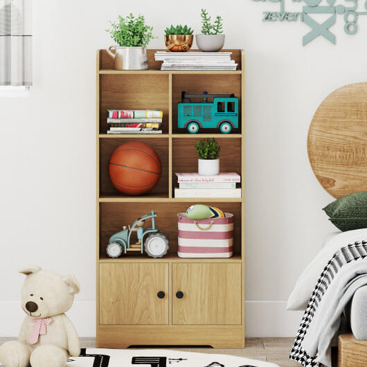 4 Tiers Bookshelf with 4 Cubes Display Shelf and 2 Doors-Natural - Color: Natural