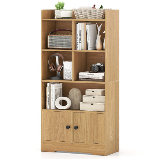 4 Tiers Bookshelf with 4 Cubes Display Shelf and 2 Doors-Natural - Color: Natural