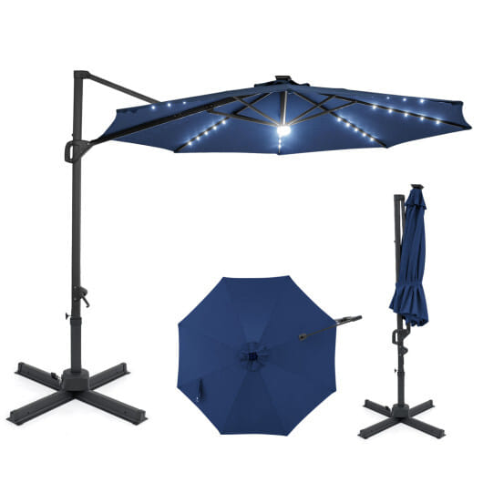 10 FT Cantilever Patio Umbrella with Solar LED Lights 360?° Rotation-Navy - Color: Navy