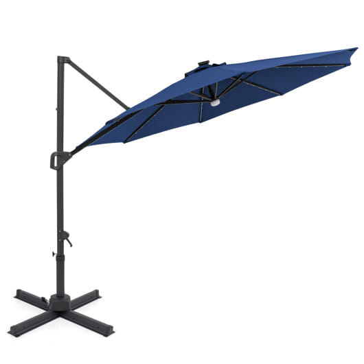 10 FT Cantilever Patio Umbrella with Solar LED Lights 360?° Rotation-Navy - Color: Navy