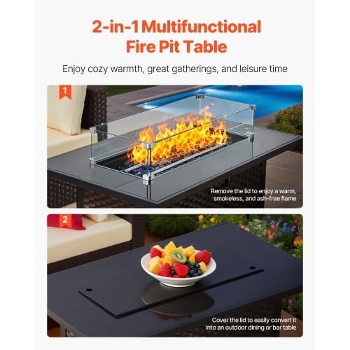 6-Piece Outdoor Patio Furniture Set, Wicker Rattan Outdoor Sectional Conversation Set with 50000BTU Propane Fire Pit Table, Cushioned Sofas, Coffee Table & Ottoman for Patio Garden Backyard