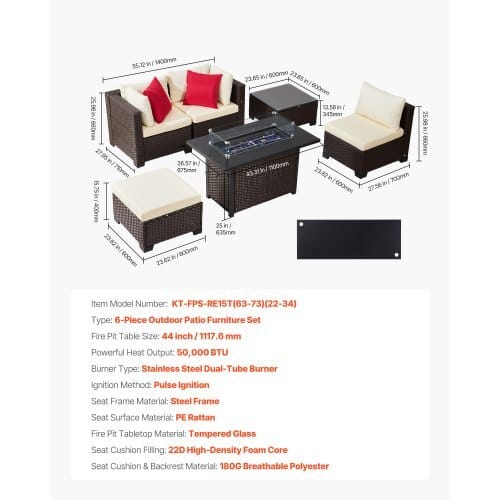 6-Piece Outdoor Patio Furniture Set, Wicker Rattan Outdoor Sectional Conversation Set with 50000BTU Propane Fire Pit Table, Cushioned Sofas, Coffee Table & Ottoman for Patio Garden Backyard