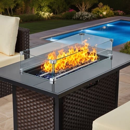 6-Piece Outdoor Patio Furniture Set, Wicker Rattan Outdoor Sectional Conversation Set with 50000BTU Propane Fire Pit Table, Cushioned Sofas, Coffee Table & Ottoman for Patio Garden Backyard