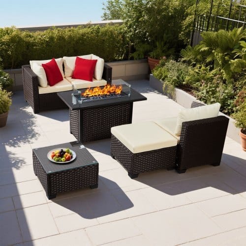6-Piece Outdoor Patio Furniture Set, Wicker Rattan Outdoor Sectional Conversation Set with 50000BTU Propane Fire Pit Table, Cushioned Sofas, Coffee Table & Ottoman for Patio Garden Backyard