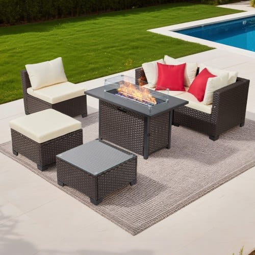6-Piece Outdoor Patio Furniture Set, Wicker Rattan Outdoor Sectional Conversation Set with 50000BTU Propane Fire Pit Table, Cushioned Sofas, Coffee Table & Ottoman for Patio Garden Backyard