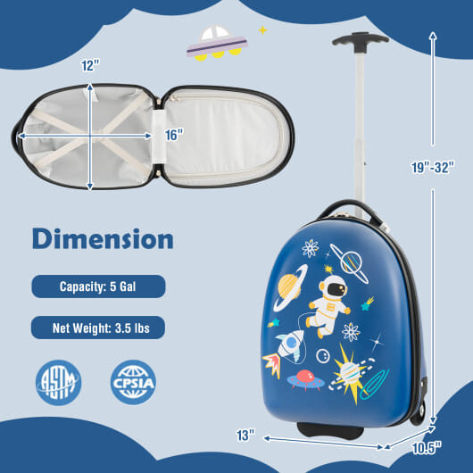 16 Inch Kids Carry-On Luggage Hard Shell Suitcase with Wheels-Blue - Color: Blue