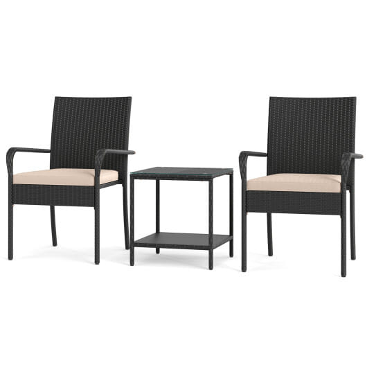 3 Piece Patio Furniture Set with Seat Cushions and Tempered Glass Tabletop-Beige - Color: Beige