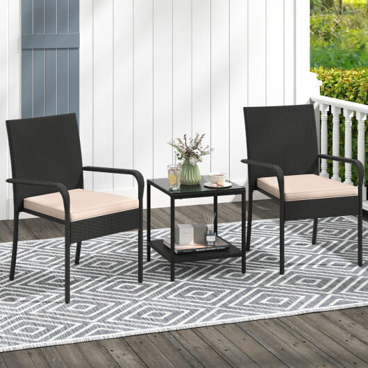 3 Piece Patio Furniture Set with Seat Cushions and Tempered Glass Tabletop-Beige - Color: Beige