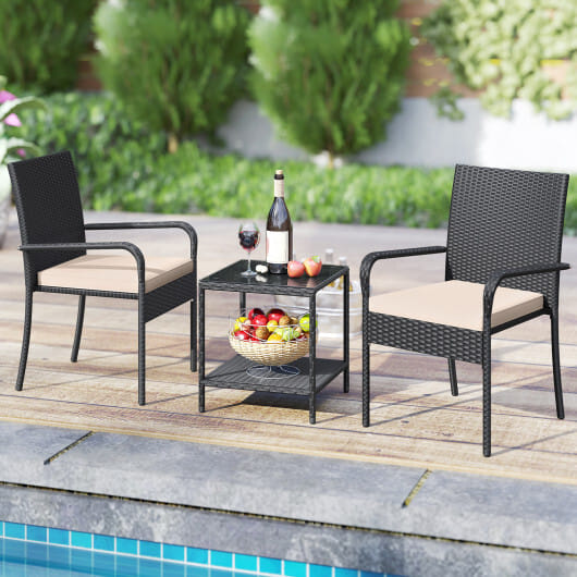 3 Piece Patio Furniture Set with Seat Cushions and Tempered Glass Tabletop-Beige - Color: Beige