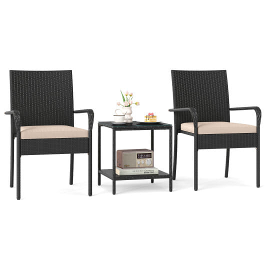 3 Piece Patio Furniture Set with Seat Cushions and Tempered Glass Tabletop-Beige - Color: Beige