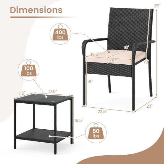 3 Piece Patio Furniture Set with Seat Cushions and Tempered Glass Tabletop-Beige - Color: Beige