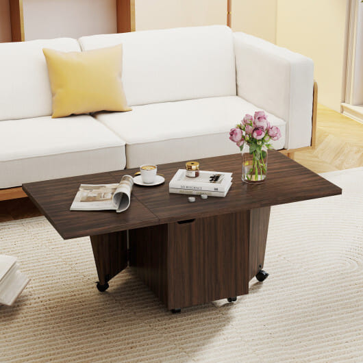 Foldable Coffee Table with Storage Cabinet Extendable Center Table-Oak