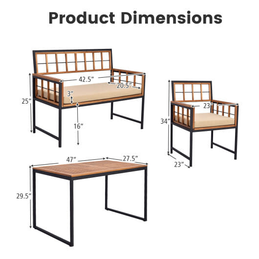 4 Pieces Acacia Wood Patio Dining Set with 1 Rectangular Table-Natural