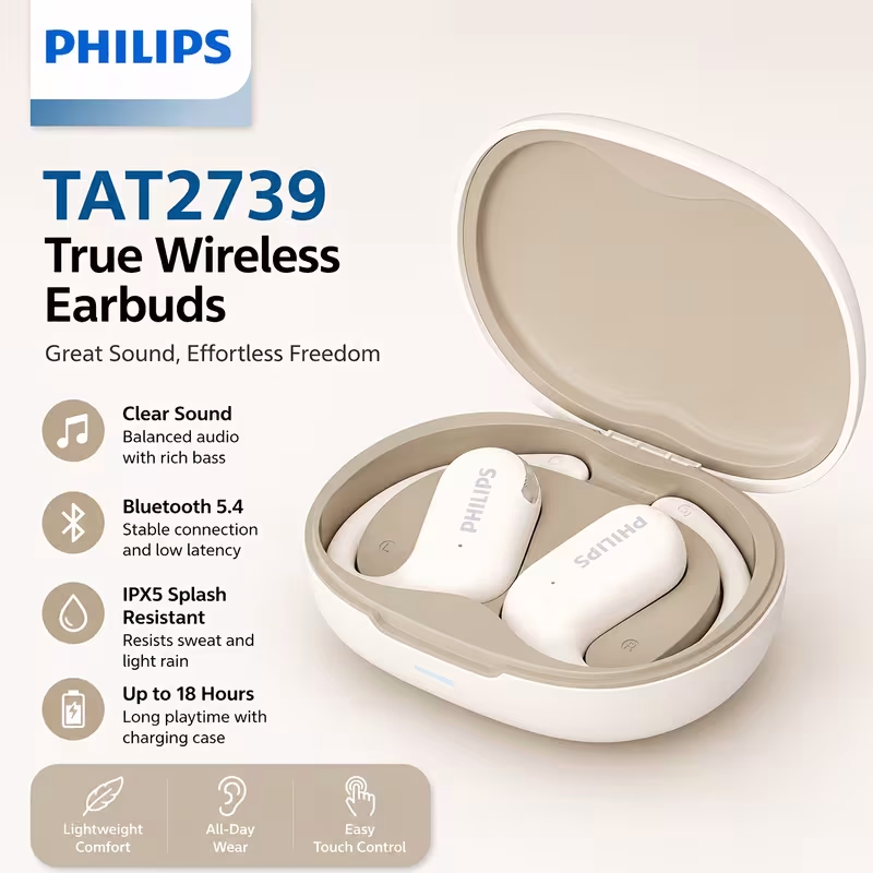 PHILIPS TAT2739 Open Ear Wireless Earbuds Bluetooth 6.0, 16.2mm Drivers HiFi Deep Bass
