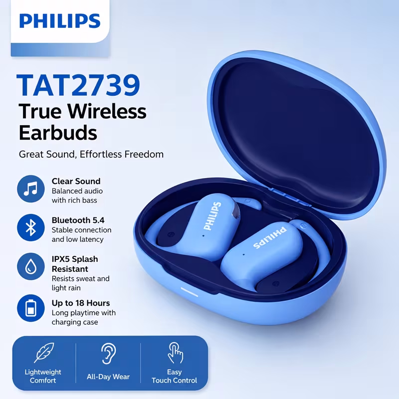 PHILIPS TAT2739 Open Ear Wireless Earbuds Bluetooth 6.0, 16.2mm Drivers HiFi Deep Bass