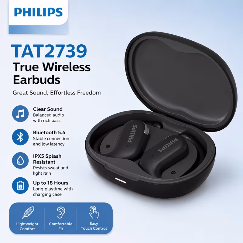 PHILIPS TAT2739 Open Ear Wireless Earbuds Bluetooth 6.0, 16.2mm Drivers HiFi Deep Bass