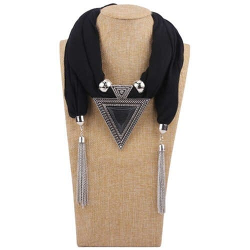 Resin Gem Inlaid Vintage Triangle Pendant High Fashion Women Scarf Necklace - Black